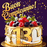 Un GIF animato di una bellissima torta per il 13° compleanno con glassa dorata e frutti di bosco freschi, Il numero dorato 13 è davanti, e stelle cadono su uno sfondo viola scuro.