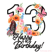 A floral 13th birthday animated greeting card. The number '13' is surrounded by animated flowers and butterflies, creating a beautiful and cheerful way to celebrate the milestone.