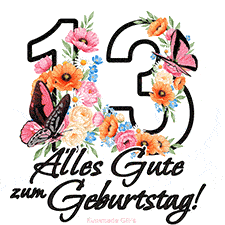 Ein florales GIF zum 13. Geburtstag. Die Zahl '13' ist von animierten Blumen und Schmetterlingen umgeben und bietet eine schöne und fröhliche Art, den Meilenstein zu feiern.