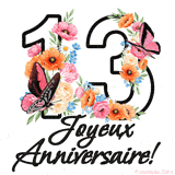 Ce GIF de Joyeux 13ème Anniversaire présente le nombre vingt rempli d'un bouquet vibrant de fleurs animées, avec des papillons qui bougent doucement sur un fond blanc.