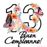 Questo GIF di Buon 13° Compleanno mostra il numero venti riempito con un vibrante bouquet di fiori animati, con farfalle che si muovono dolcemente su uno sfondo bianco.