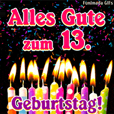 Ein dunkler Raum mit brennenden Geburtstagskerzen und fallendem Konfetti. Der Text gratuliert zum 13. Geburtstag in auffälligen, pink-weißen Lettern.