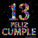 Ilustración del número 13 junto a la frase FELIZ CUMPLE. Las letras y los números consisten en joyas de múltiples tonos en un fondo oscuro.