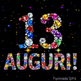 Su uno sfondo scuro, il numero 13 e la parola Auguri sono formati da diamanti multicolori, accompagnati da piccole stelle scintillanti.