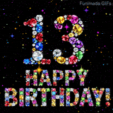 A black backdrop featuring the number 13 and Happy Birthday text, both formed by shiny multi-colored diamonds and surrounded by tiny twinkling colored sparks.