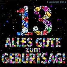 Aus bunten Kristallen gestaltete Ziffer 13 und der Text Alles Gute zum Geburtstag vor einer dunklen Fläche mit kleinen leuchtenden Sternen.