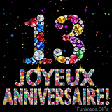 Sur un fond sombre, le chiffre 13 et Joyeux Anniversaire sont formés par des diamants multicolores, accompagnés de petites étoiles scintillantes.
