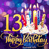 A sweet cupcake with lit candles beside the golden number 13. Cursive Happy Birthday text sits at the bottom against a blurry purple background.