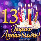 GIF Joyeux Anniversaire 13 ans illustrant le chiffre 13 doré et un cupcake gourmand aux bougies brillantes.