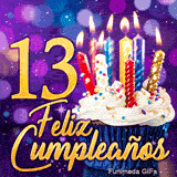 GIF de Feliz Cumpleaños 13 años ilustrando el número 13 dorado y un cupcake festivo con velas relucientes.