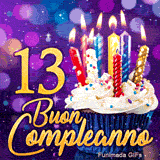GIF di Buon Compleanno 13 anni con il numero 13 dorato e un cupcake festoso con candele brillanti.