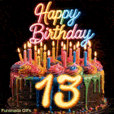 Animated GIF of a revolving colorful birthday cake with lit candles and glowing golden number 13 for teens.