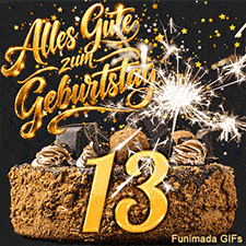 Alles Gute zum Geburtstag steht glänzend über der Torte. Die Zahl 13 und eine brennende Wunderkerze werden von herabfallendem Sternkonfetti umrahmt.