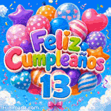 GIF de Feliz Cumpleaños 13 años ilustrando el número 13 azul y un colorido racimo de globos sobre fondo de cielo.