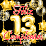 A large of balloons in various shapes, sizes, and colors with the words 'Happy Birthday' and a number 13