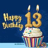 Animated 13th birthday GIF picturing a white creme cupcake with colorful sprincles and two golden candles shaped like the number 13. The text Happy Birthday in yellow appears above the treat against a blue background.
