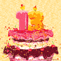 A festive, animated image of a birthday cake with lit candles forming '13'. Confetti and cherries adorn the tiered cake, for a 13th birthday.