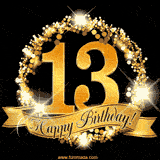 A golden 13th birthday GIF features a decorative circle and ribbon. The design sparkles with light and gold accents against a black background.
