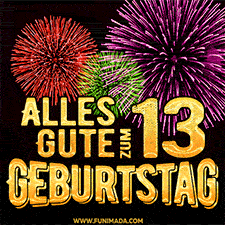 Ein dynamisches animiertes GIF mit buntem Feuerwerk und goldenen Zahlen, die den 13 Geburtstag hervorheben.