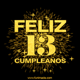GIF animado con un diseño dorado, mostrando el número 13 rodeado de fuegos artificiales y luces que resaltan una atmósfera festiva y vibrante.