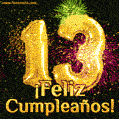 ¡Muy felices 13 años! GIF de texto dorado y fuegos artificiales.