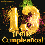 GIF animado con globos dorados en forma del número 13, acompañado de fuegos artificiales de colores y la frase '¡Feliz cumpleaños!' en letras vibrantes.