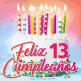GIF animado con un pastel blanco decorado con confites y velas de colores encendidas, acompañado de la frase 'Feliz 13 cumpleaños' sobre un fondo alegre.