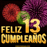GIF animado con el número 13 en dorado, rodeado de fuegos artificiales rojos, verdes y morados, con el mensaje 'Feliz cumpleaños' en letras doradas.