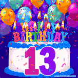 A birthday cake with lit candles is shown with colorful balloons and animated confetti.