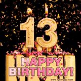 Large Number '13', decorated with pink sprinkles, and chocolate, and falling confetti.
