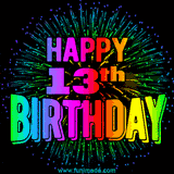 A colorful, animated GIF features fireworks behind the words 'HAPPY 13th BIRTHDAY' in bright, rainbow-style text.