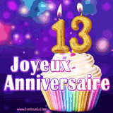GIF animé joyeux anniversaire pour 13 ans avec un cupcake coloré, des bougies dorées en forme de 13 et un fond violet scintillant.