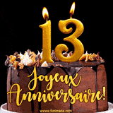 GIF animé pour un 13e anniversaire avec une élégante gâteau au chocolat, des bougies dorées formant le chiffre 13 et le texte 'Joyeux Anniversaire!' en écriture dorée.