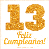 Imagen animada con el número 13 en diseño dorado brillante acompañado de la frase 'Feliz cumpleaños' sobre un fondo blanco simple y elegante.