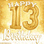 Animated birthday GIF featuring inflated 13th gold foil balloons and Happy Birthday text in white on a shiny golden-yellow backdrop.