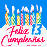 Animación de un pastel decorado con velas coloridas y encendidas, el número 13 destacado en azul y la frase 'Feliz cumpleaños' en letras estilizadas.