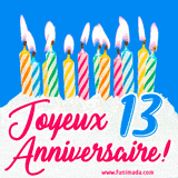 GIF animé joyeux anniversaire pour 13 ans avec des bougies colorées allumées, un fond bleu vif et le texte 'Joyeux Anniversaire 13!' en écriture élégante.