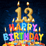 Animated GIF of an 13th birthday cake adorned with multicolor sprinkles, featuring large gold 13 candles and colorful letter-shaped candles spelling out Happy Birthday.