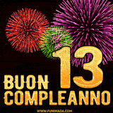 Animazione di fuochi d'artificio colorati con il numero 13 in oro brillante e la scritta 'Buon Compleanno' su uno sfondo nero festivo ed elegante.