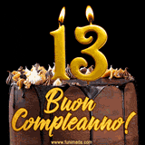 GIF animato con una torta al cioccolato decorata con crema, dettagli dorati e due candele accese che formano il numero 13. Messaggio 'Buon Compleanno' in scritta elegante.