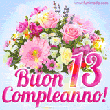 Bouquet animato con rose rosa, margherite e altri fiori colorati, con il numero 13 e la scritta 'Buon Compleanno!' in stile elegante e luminoso.
