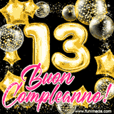 Animazione con palloncini dorati a forma del numero 13, circondati da decorazioni scintillanti e la scritta 'Buon Compleanno!' in caratteri rosa accattivanti.
