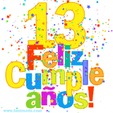 GIF festivo lleno de confeti de colores, el número 13 grande en amarillo y la frase 'Feliz cumpleaños' en letras multicolores y brillantes.