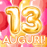 Bouquet animato di palloncini multicolori che emergono da una scatola regalo, con il numero 13 e la scritta 'Tanti Auguri!' su uno sfondo pieno di coriandoli.