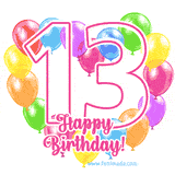 An animated birthday greeting card with a large '13' in pink outline surrounded by colorful balloons heart-shaped frame, and 'Happy Birthday!' written below in hand-written font.