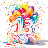 A festive birthday age GIF with animated star confetti, colorful balloons, and a gift box with the number 13. The text reads 'Happy Birthday'.