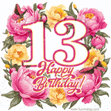 A celebratory GIF image features the animated number '13' and the words 'Happy Birthday!' surrounded by pink and yellow flowers. Two moving butterflies are included in this festive design.