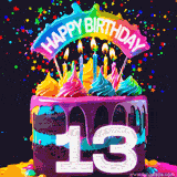Chocolate cake with cyan layers, pink dressing and a big number 13 adorned with vibrant multicolored frosting, lit candles, and a rainbow topper with text that says 'Happy Birthday'. Animated colorful confetti move behind the cake.