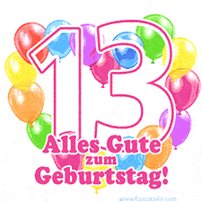 Ein verspieltes animiertes Geburtstags-GIF mit bunten Ballons in Herzform und der Zahl 13.