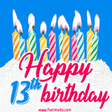 Birthday GIF featuring colorful lit candles atop a white creme cake and wishes a Happy 13th Birthday in a playful font.